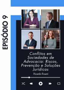 Card do episódio 9 do podcast Arbtrato, com o título "Conflitos em Sociedades de Advocacia: Riscos, Prevenção e Soluções Jurídicas", apresentado por Ricardo Ruani. A imagem exibe quatro participantes: duas mulheres e dois homens, todos sorrindo, com trajes formais. Ao lado esquerdo, há uma faixa azul com o texto "EPISÓDIO 9" na vertical. Abaixo das fotos, há um controle de player de áudio, simulando um tocador de podcast.